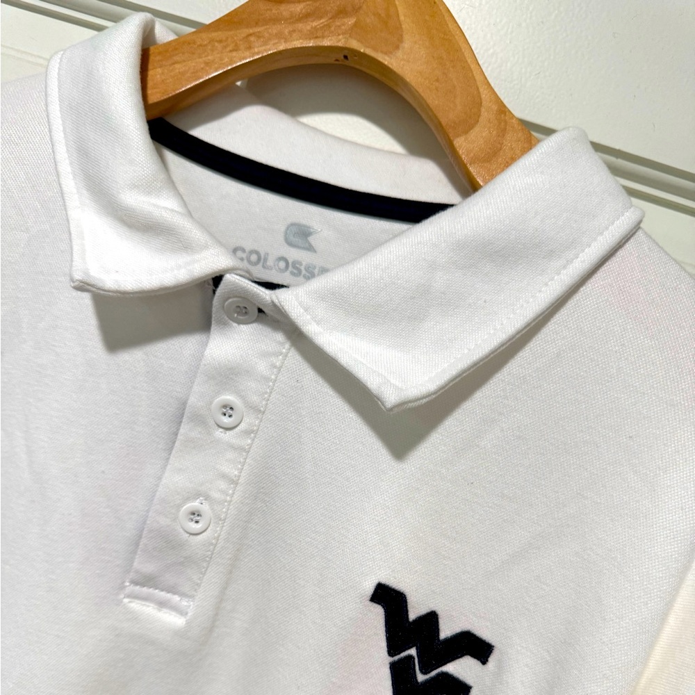 Men’s white WV polo shirt. Coliseum brand.